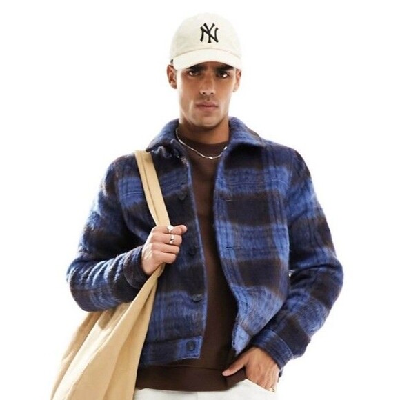 ASOS Men’s Oversized Wool Look Harrington Jacket Blue Brown Plaid Fuzzy XL - Picture 2 of 10